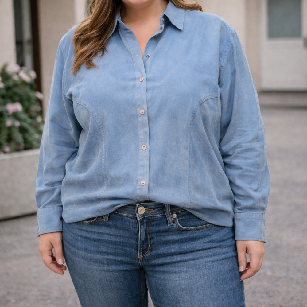 NWT Avenue Blouse Women 22/24 Blue Micro-Suede Button Front Long Sleeve Casual